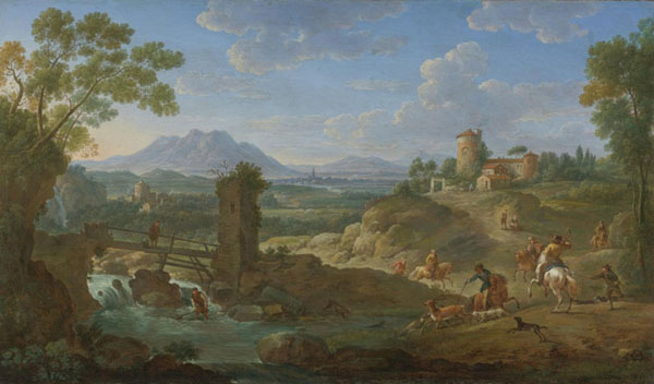 elegant hunting party in an extensive landscape